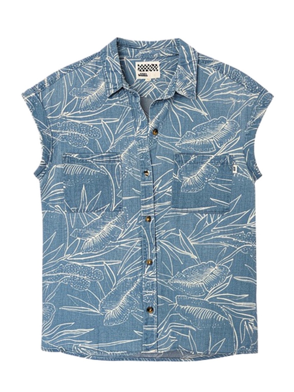 Women’s Blue tropical Print Sleeveless Button-Down Shirt